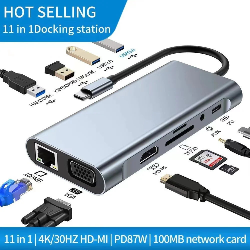 Multifunction 11-in-1 USB-C Hub – 4K 30Hz HDMI Multiport Adapter with 4 USB 3.0 Ports, 3.5mm AUX, and 11-Port Docking Station for Laptops