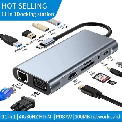 Multifunction 11-in-1 USB-C Hub – 4K 30Hz HDMI Multiport Adapter with 4 USB 3.0 Ports, 3.5mm AUX, and 11-Port Docking Station for Laptops