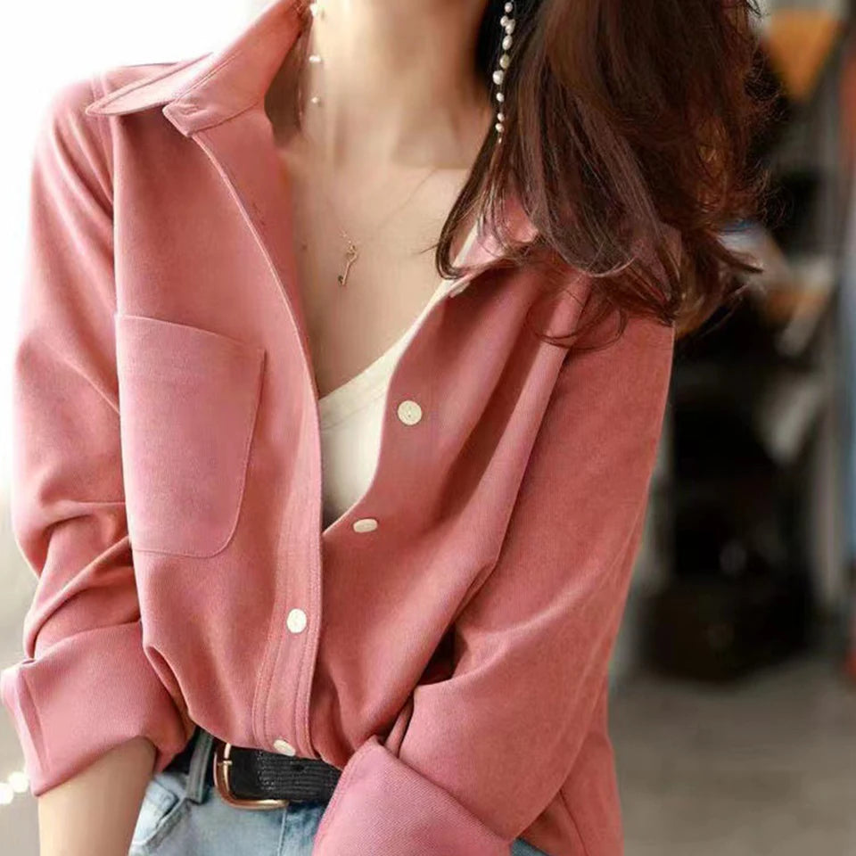 Women's Long Sleeve Corduroy Shirt – Lapel Collar Single-Breasted Button-Up Blouse with Pockets Stella