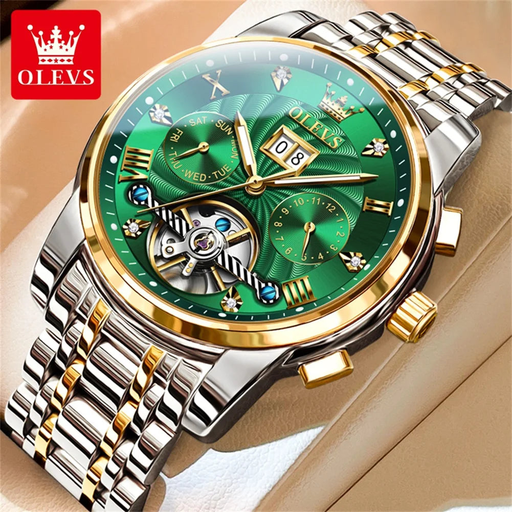 OLEVS 9910 Men's Luxury Tourbillon Watch - Automatic Mechanical, Stainless Steel Strap, Waterproof, Luminous Dial, Auto Date Display, Business Style