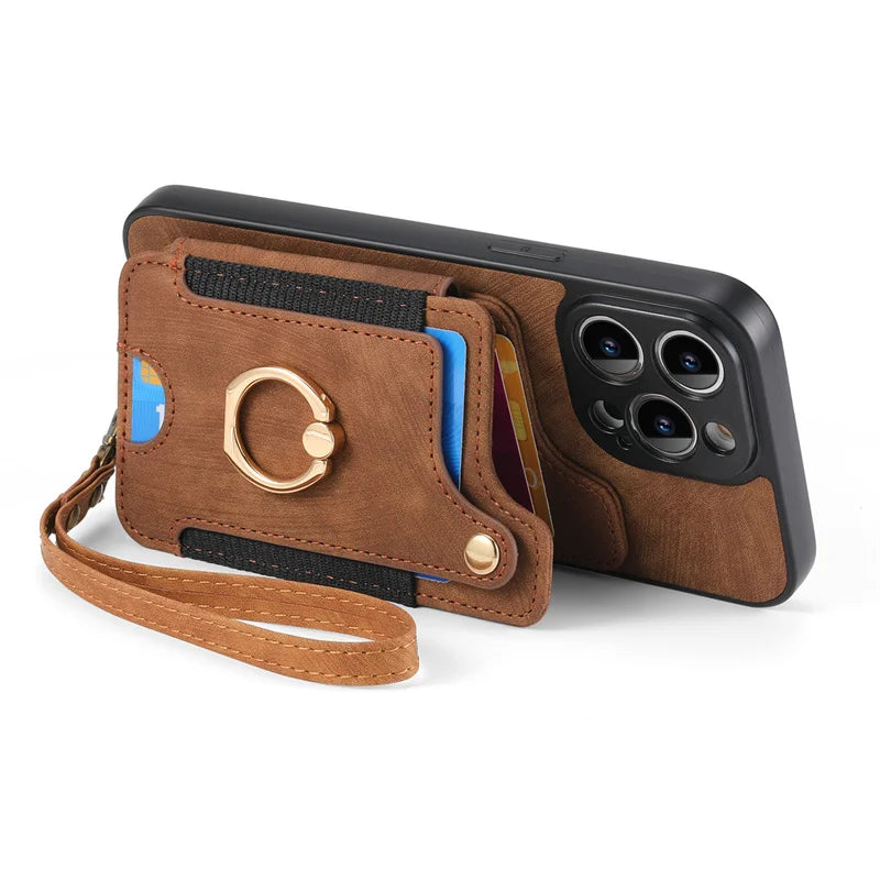 Leather Card Holder Phone Case – Protective Cover with Strap for iPhone 15, 14, 13