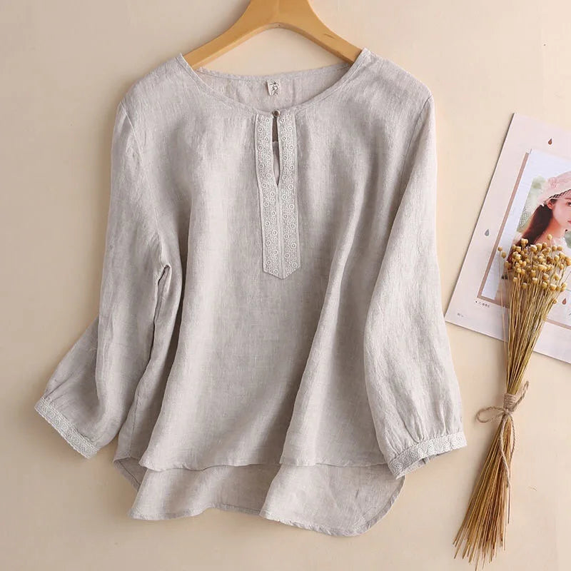 Women Cotton Linen Shirt New Pullover Art Style Round Neck Shirt Loose 3/4 Sleeves