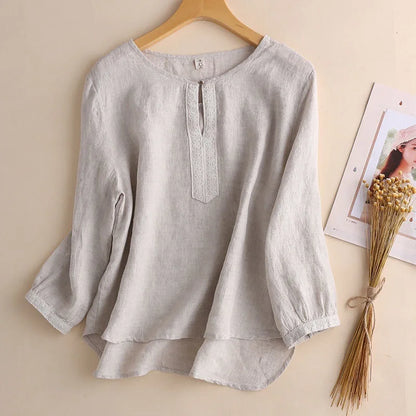 Women Cotton Linen Shirt New Pullover Art Style Round Neck Shirt Loose 3/4 Sleeves