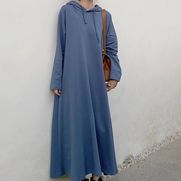 Korean Style Hooded Maxi Dress | Casual Loose Fit Solid Color Swing Dress for Autumn & Winter Candace