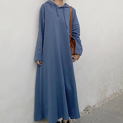 Korean Style Hooded Maxi Dress | Casual Loose Fit Solid Color Swing Dress for Autumn & Winter Candace