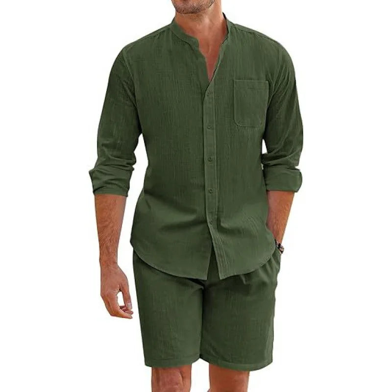 Men Cotton Linen Comfortable Button Shirt Long Sleeve + Shorts Set Simple Two-Piece Set Casual Beach Wear Men's Suits