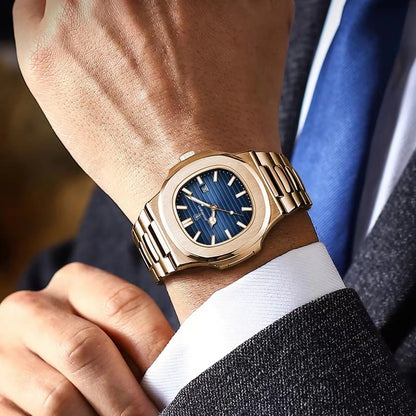 POEDAGAR 613 Men's Luxury Gold Watch – Fashion Square Quartz Business Watch with Stainless Steel, Waterproof, Luminous, and Date Display Thierry