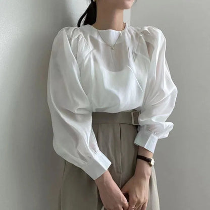 Women's Summer Casual Bubble Sleeve Shirt – French Style Round Neck Top