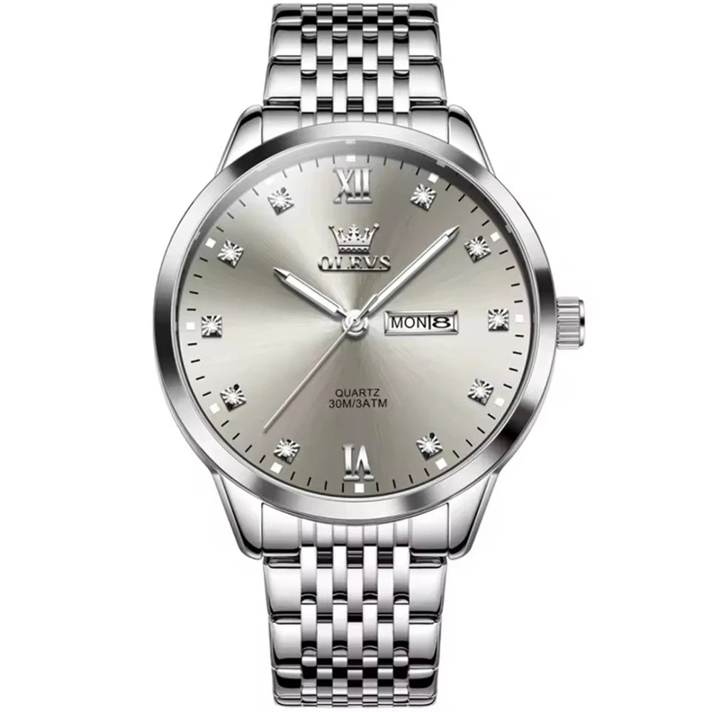 OLEVS 2943 Fashion Quartz Watch – Stainless Steel Band, Round Dial, Week Display & Calendar