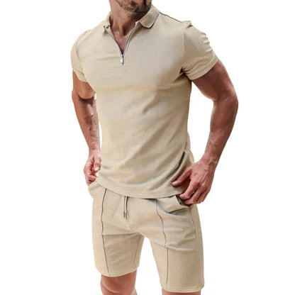 Men's Summer Polo Shirt Set | Solid Color Waffle Short-Sleeve Slim Lapel T-Shirt & Casual Outfit Carlo