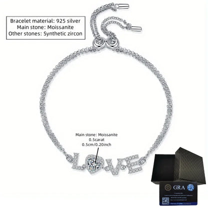 925 Sterling Silver VVS Moissanite Bracelet – Rhodium-Plated Love Letter Design Bangle for Valentine's Day Gifts Greta