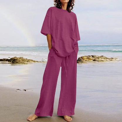 Spring & Summer Women's Cotton Linen 2-Piece Set – Casual High-Quality Half Sleeve O-Neck Top with Wide-Leg Pants