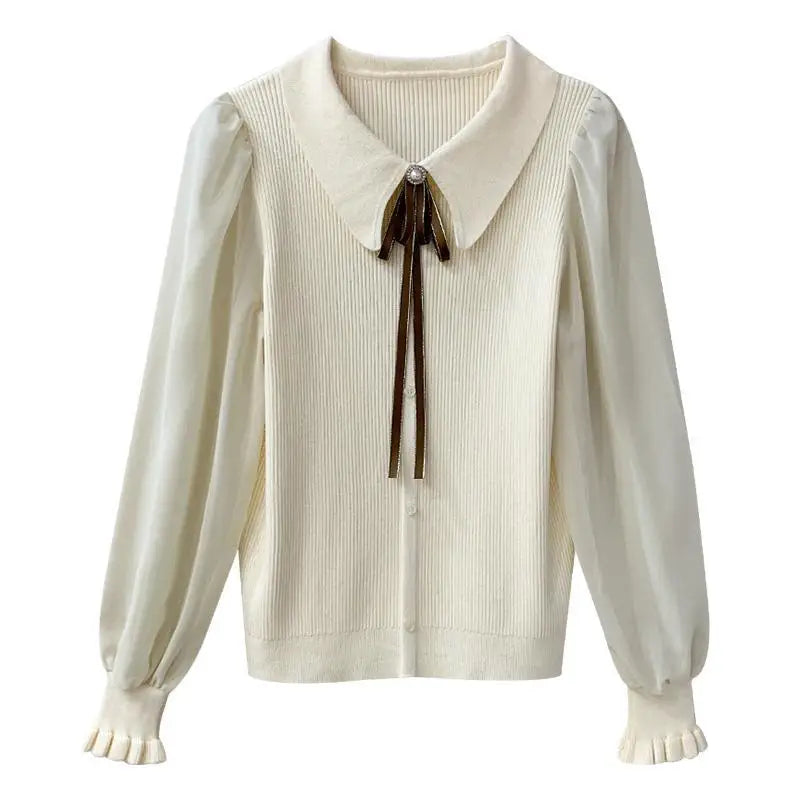 Women's Knitted Pullover – Long Puff Sleeve Doll Collar Spring Sweater with Lapel Ribbon Daiy