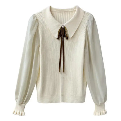 Women's Knitted Pullover – Long Puff Sleeve Doll Collar Spring Sweater with Lapel Ribbon Daiy