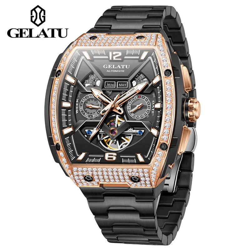 Gelatu 6016 Men's Fashion Automatic Mechanical Watch with Stainless Steel Strap – Waterproof Branded Wristwatch