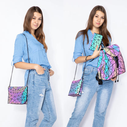 Women Reflective Back Pack Set Crossbody Bags for Ladies Girl Geometric Luminous School Backpack Sasha