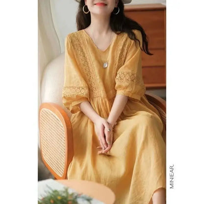 Women Casual Dress Long Sleeve Solid Color V Neck Midi Cotton Linen Dress Linen Dresses Women