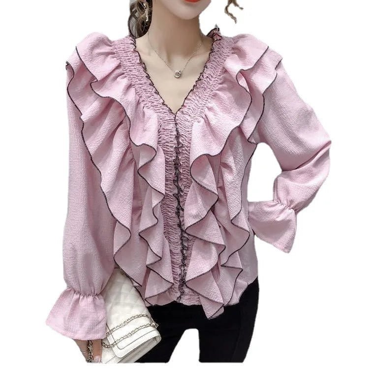Women's Ruffle Pleated Chiffon Blouse – Court Style, Solid Color, Flare Long Sleeve Casual Top