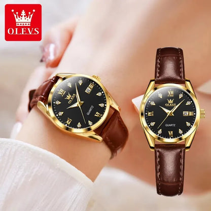 OLEVS 5522 Women's Luxury Wristwatch – Simple Dial, Date Calendar, Leather Strap, Waterproof & Luminous Design Rhoda