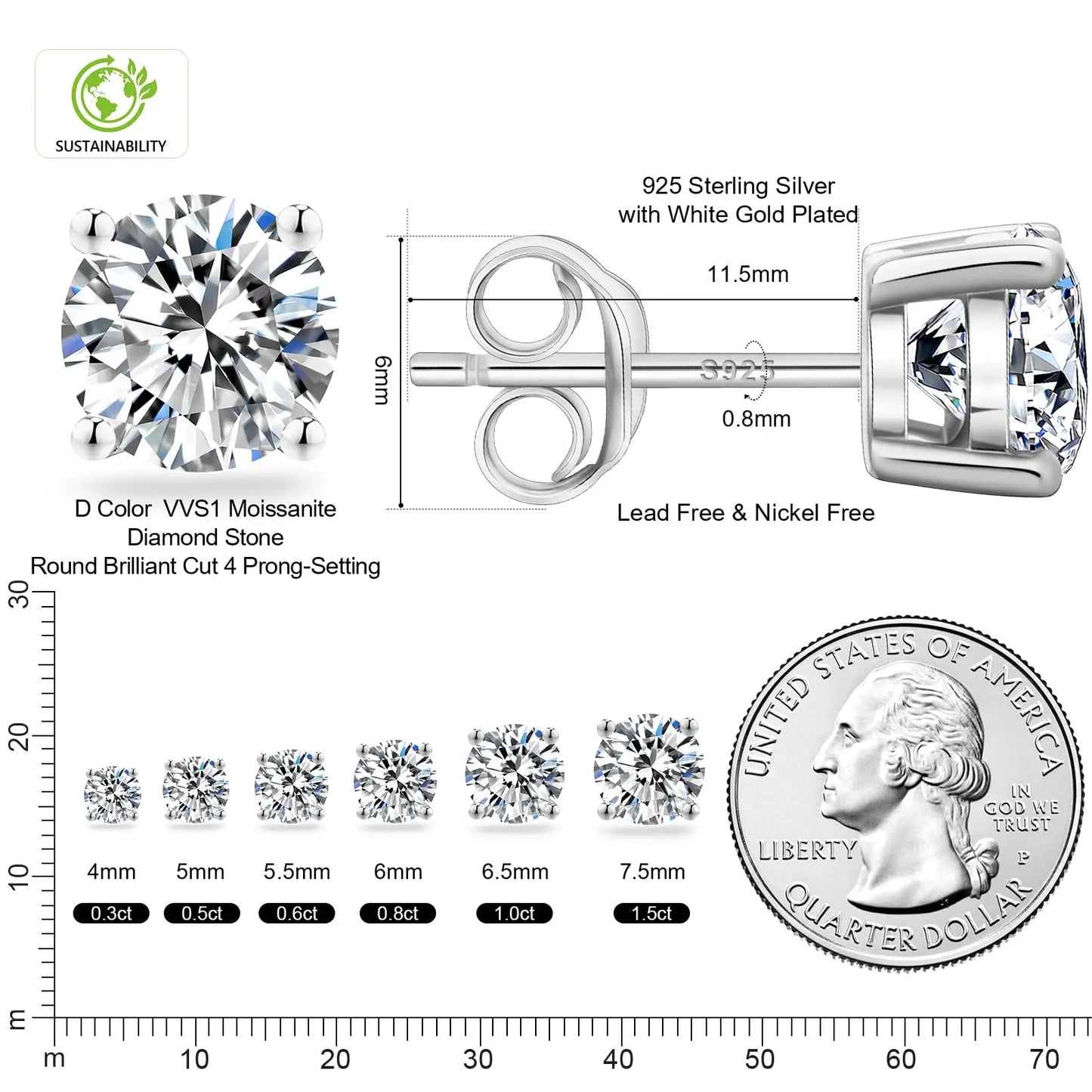 Sparkly Moissanite Stud Earrings - 925 Sterling Silver & 14K White Gold Jewelry for Men and Women