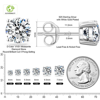 Sparkly Moissanite Stud Earrings - 925 Sterling Silver & 14K White Gold Jewelry for Men and Women
