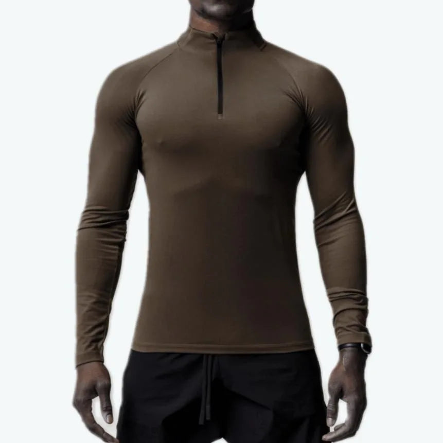 Men's High-Neck Half-Zip Compression Sweatshirt – Long-Sleeve Fleece Fitness Top for Winter Training, Gym, and Running