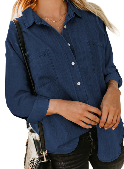 Women Denim Shirt Loose Double Pocket Long Pure Color Sleeve Versatile Shirt