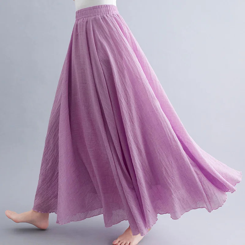 Women Loose Cotton Linen Elastic Waist A-line Solid Color Pleated Skirt