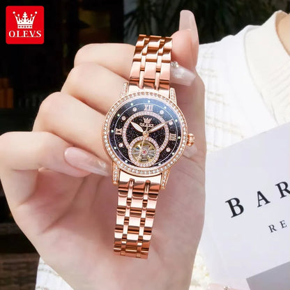OLEVS 7036 Women’s Skeleton Mechanical Watch – Diamond Bezel Elegant Automatic Ladies Wristwatch