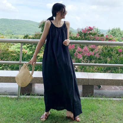 Summer Retro Cotton Linen A-Line Dress | Sleeveless Korean Style Casual Women's Fashion Lavender