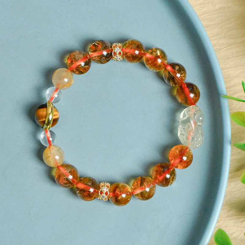 Natural Gem Citrine & Tiger's Eye Bracelet with Feng Shui Pi Xiu Charm – Spiritual Jewelry for Good Fortune