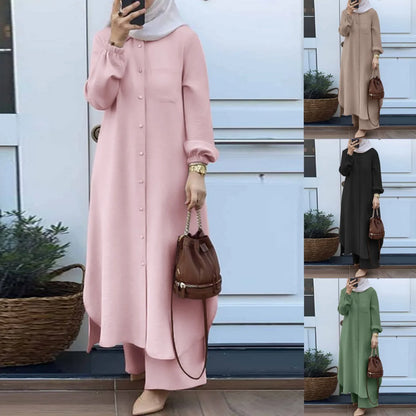Muslim Women's Arabic Style Two-Piece Outfit – Long-Sleeve Shirt and Trousers Set for Modest Fashion Hiba