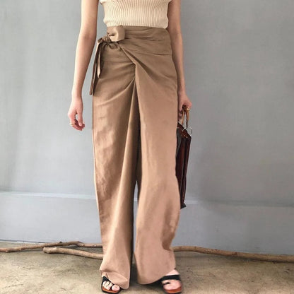 Women's Casual High-Waist Lace-Up Wide-Leg Pants - Solid Color, Loose Fit