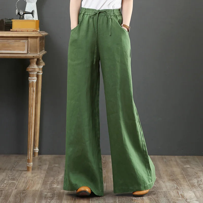 Women's Retro High-Waist Wide-Leg Cotton Linen Pants - Loose Fit, Plus Size Casual Trousers