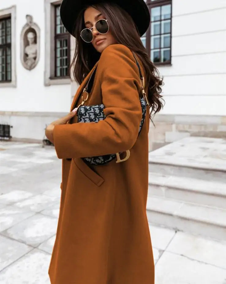 Women's Solid Color Woolen Coat - Lapel Button Mid-Length Autumn & Winter, Office Wear Cathy