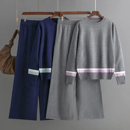 Women's Wool-Cotton Knit Jumpsuit – Striped Pullover & Crew Neck Two-Piece Sweater Set Bridget