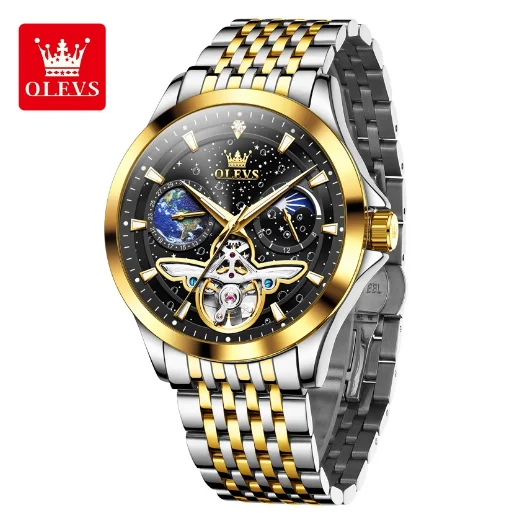 OLEVS 6705 Men's Automatic Watch – Luminous Waterproof Timepiece with Starry Sky Dial & Moon Phase Design