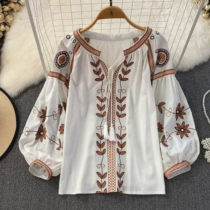 Women's Blouse Retro Ethnic Style Long Sleeve Round Neck Loose Embroidered Cotton Hemp Pullover Shirt