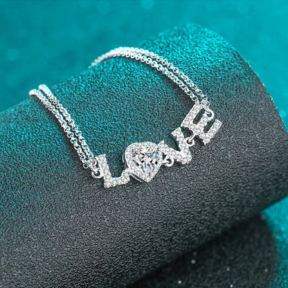 925 Sterling Silver VVS Moissanite Bracelet – Rhodium-Plated Love Letter Design Bangle for Valentine's Day Gifts Greta