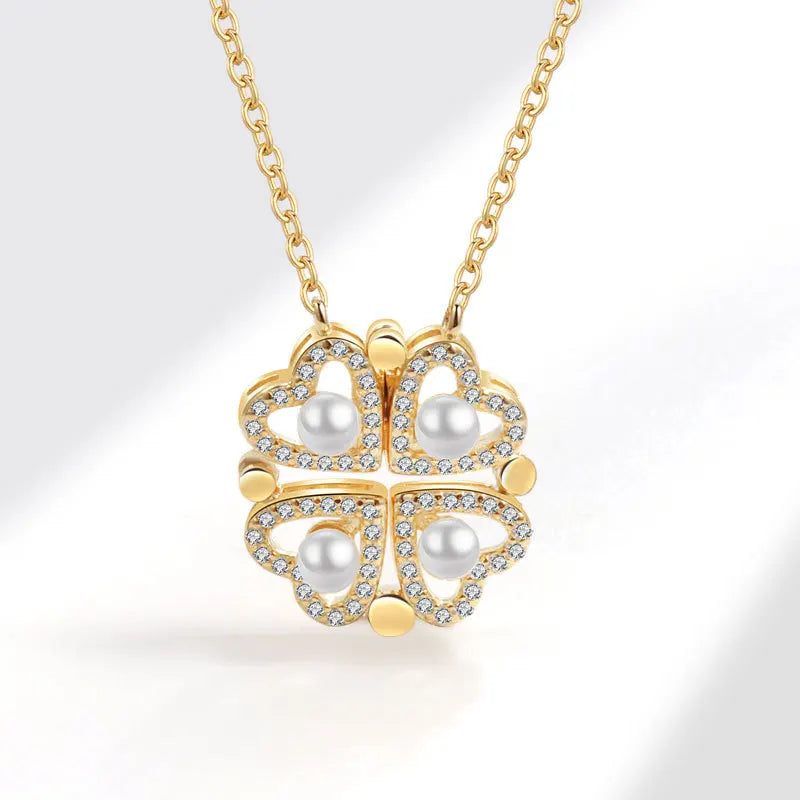 925 Sterling Silver Magnetic Four-Leaf Clover Necklace – Heart-Shaped Pendant Love Jewelry for Women and Girls Gift Cimorene