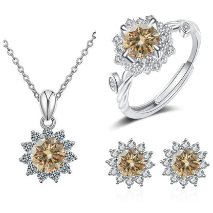 S925 Sterling Silver Stud Earrings & Pendant Set | 1 Carat Moissanite Necklace | Classic Sunflower Design | Perfect Valentine’s Day Gift Serafina