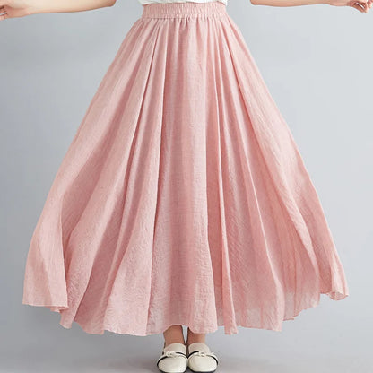 Women Loose Cotton Linen Elastic Waist A-line Solid Color Pleated Skirt