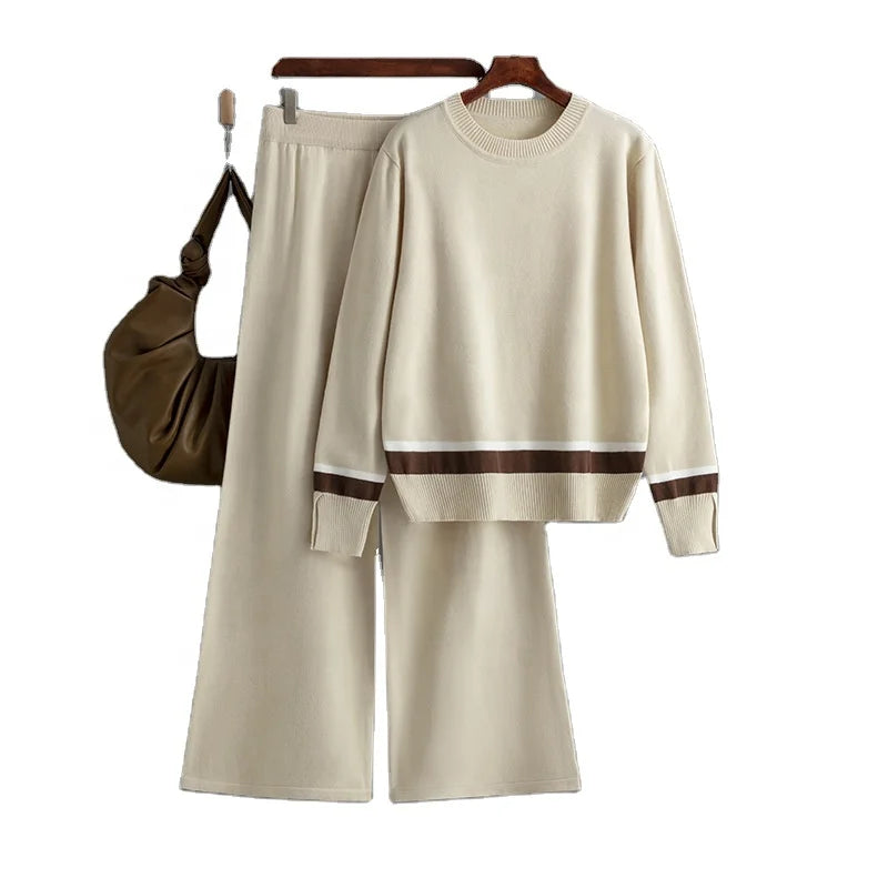 Women's Wool-Cotton Knit Jumpsuit – Striped Pullover & Crew Neck Two-Piece Sweater Set Bridget
