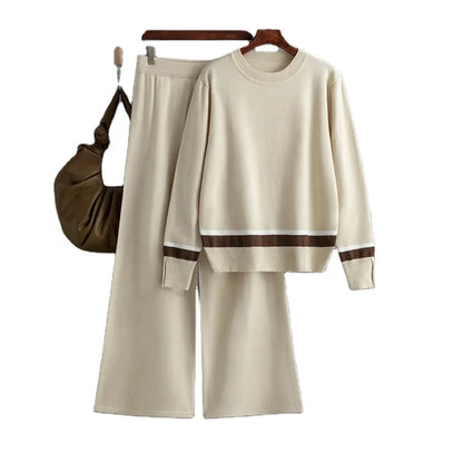 Women's Wool-Cotton Knit Jumpsuit – Striped Pullover & Crew Neck Two-Piece Sweater Set Bridget