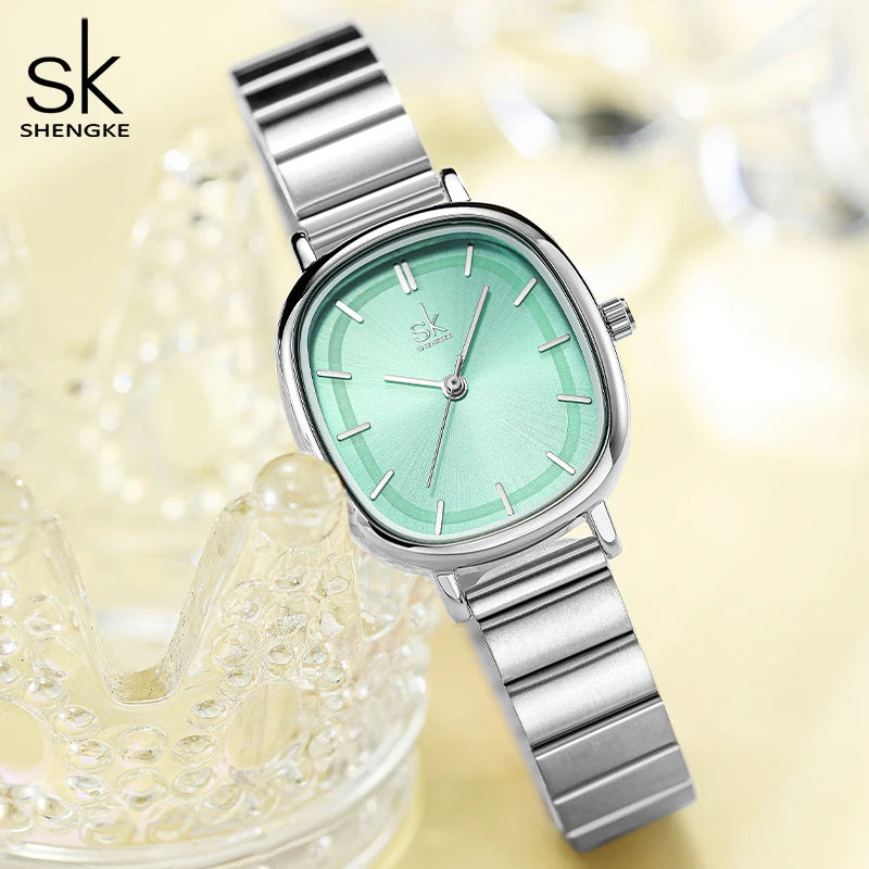 Shengke Women's Fashion Square Quartz Watch – Elegant Gold & Rose Gold Bracelet Watch, Minimalist Stainless Steel Design