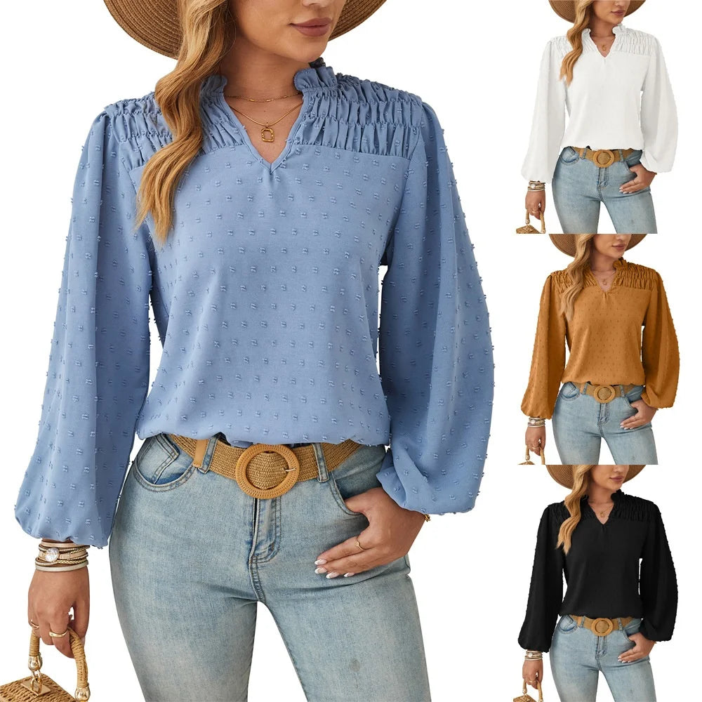 Women's Long Sleeve Chiffon Blouse – Pleated Woven Jacquard Shirt