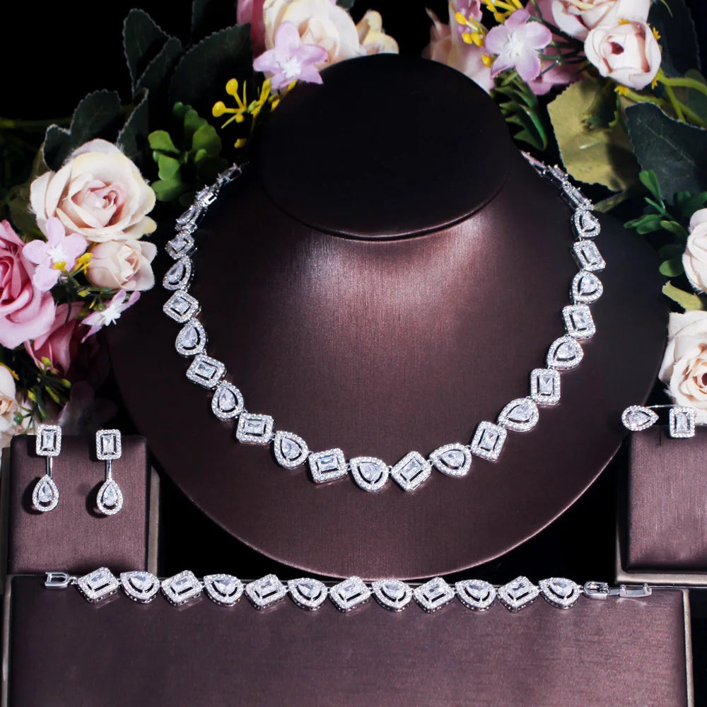 Silver Water Drop Cubic Zirconia Jewelry Set – 4pcs Ring, Bracelet, Earrings & Necklace | Luxury Accessories for Women Angelique