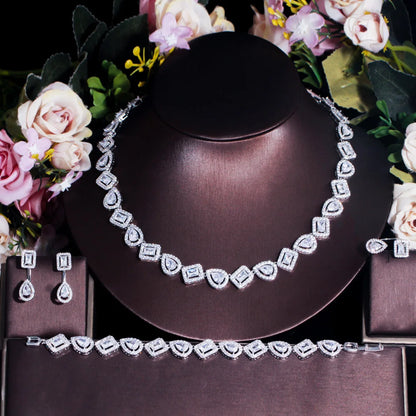 Silver Water Drop Cubic Zirconia Jewelry Set – 4pcs Ring, Bracelet, Earrings & Necklace | Luxury Accessories for Women Angelique