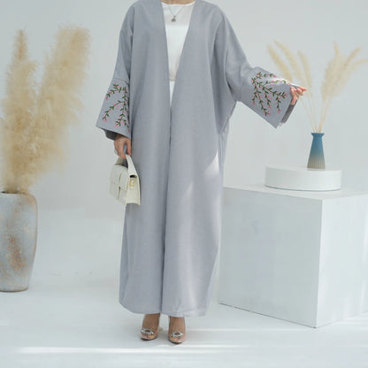 Traditional Embroidered Open-Front Abaya Coat – Turkey-Inspired Modest Maxi Dress for Muslim Women Sana