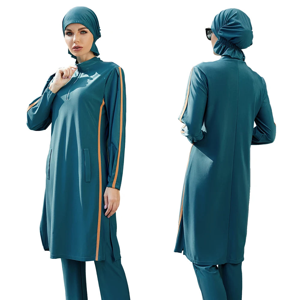 Blue Long-Sleeve Muslim Swimwear | Zipper 3-Piece Burkini with Hijab Hafsa